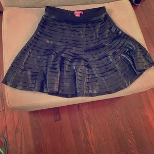 Layered faux black leather fitted flare skirt
